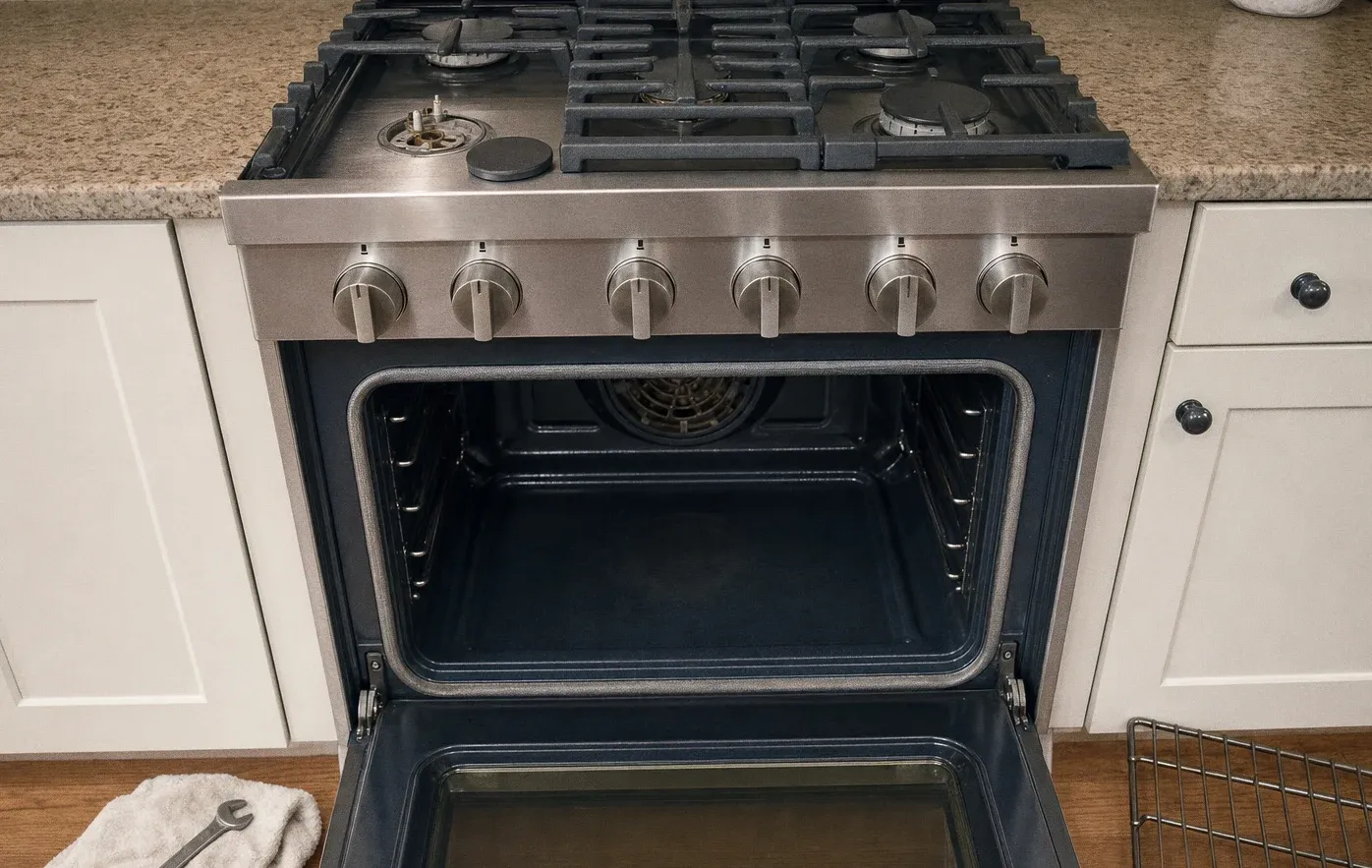 A stainless gas range in cream cabinetry with the oven door open on an empty cavity and one burner cap lifted off
