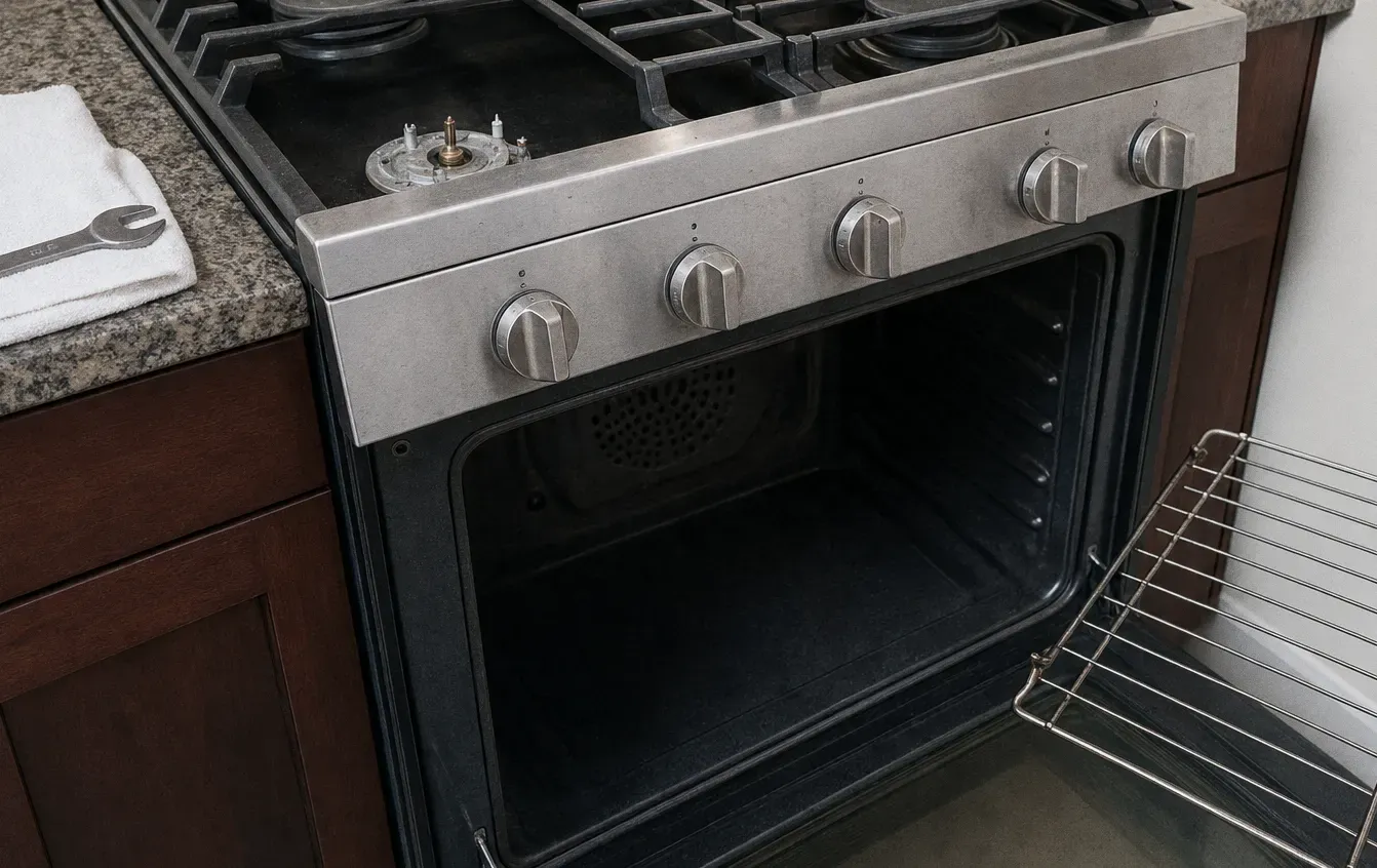 A gas range with the oven open on a dark cavity, one burner opened down to its base and a rack propped alongside