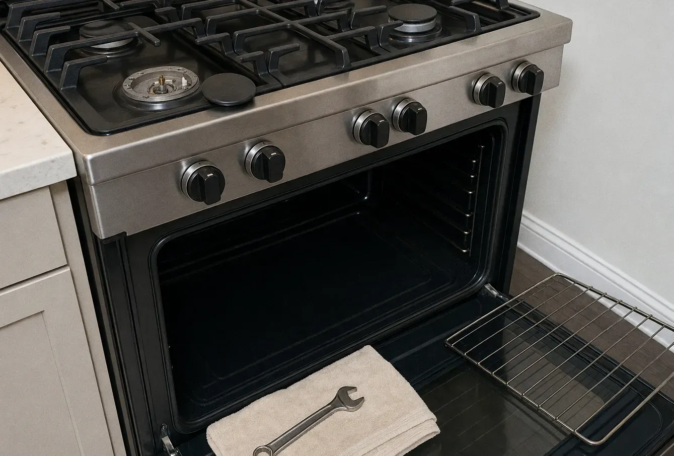 The front of a gas range with one cooktop burner cap removed, the oven door open and a wrench on a towel on the floor