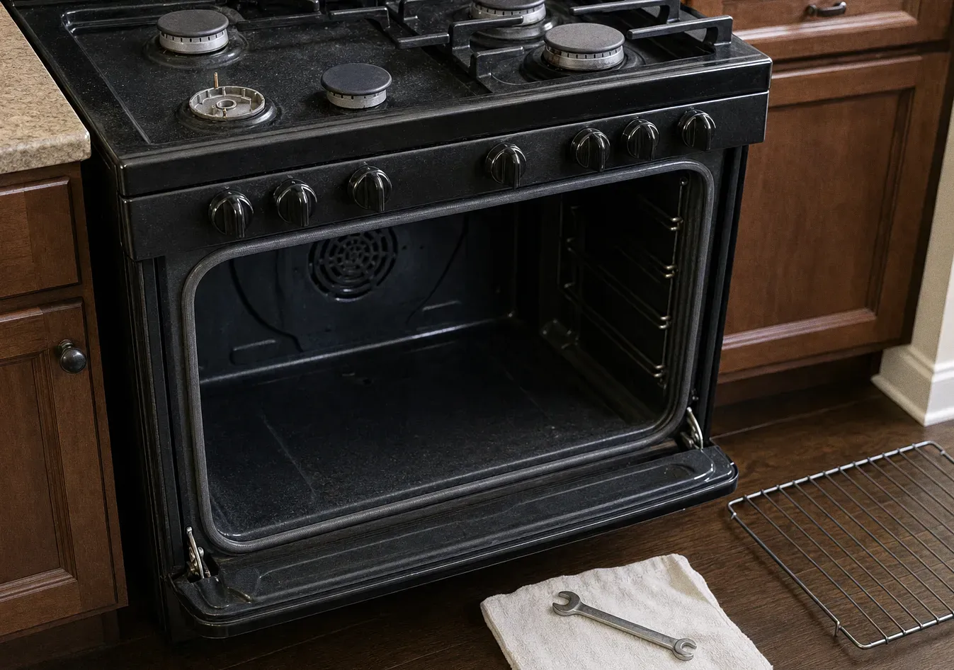 A black and stainless gas range with the oven standing open and an oven rack and towel on the floor in front of it