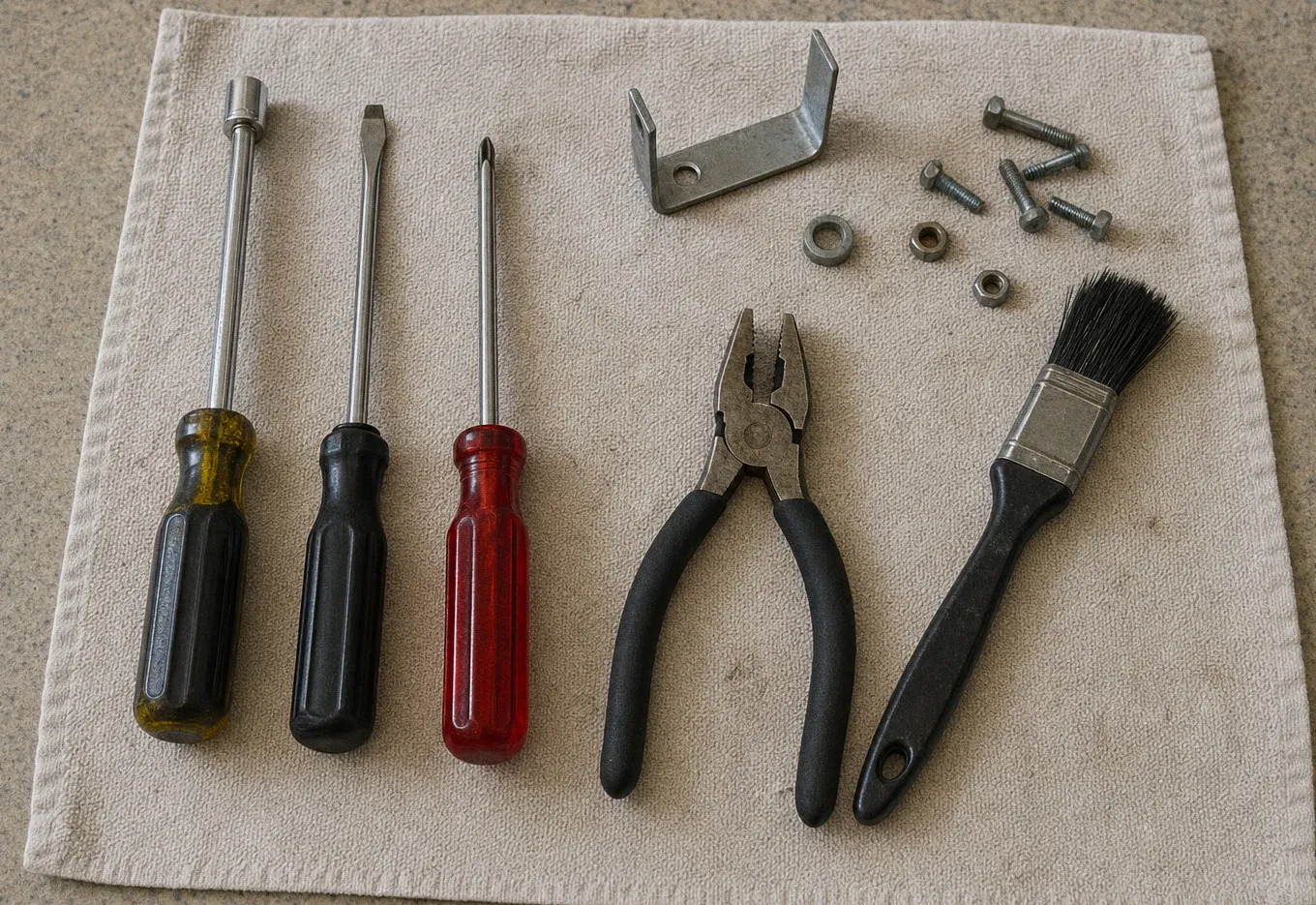 A nut driver, screwdriver, bracket, washers, pliers and a brush set out in a row on a cloth