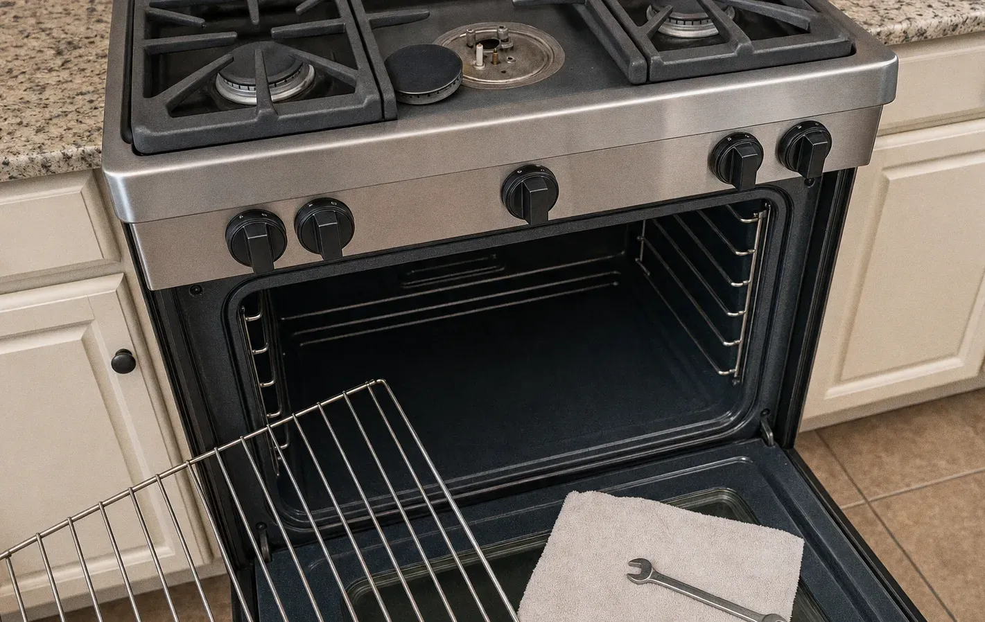 A stainless gas range with the oven door open, one rack pulled out and a burner opened to its base above