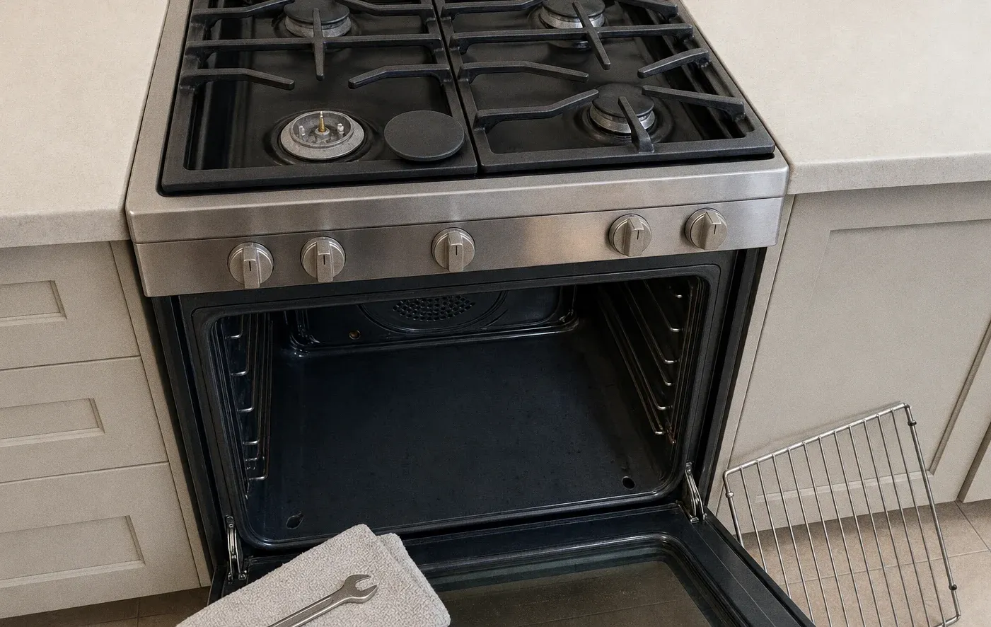 A stainless gas range with the oven open on an empty cavity and one burner cap set aside on the cooktop