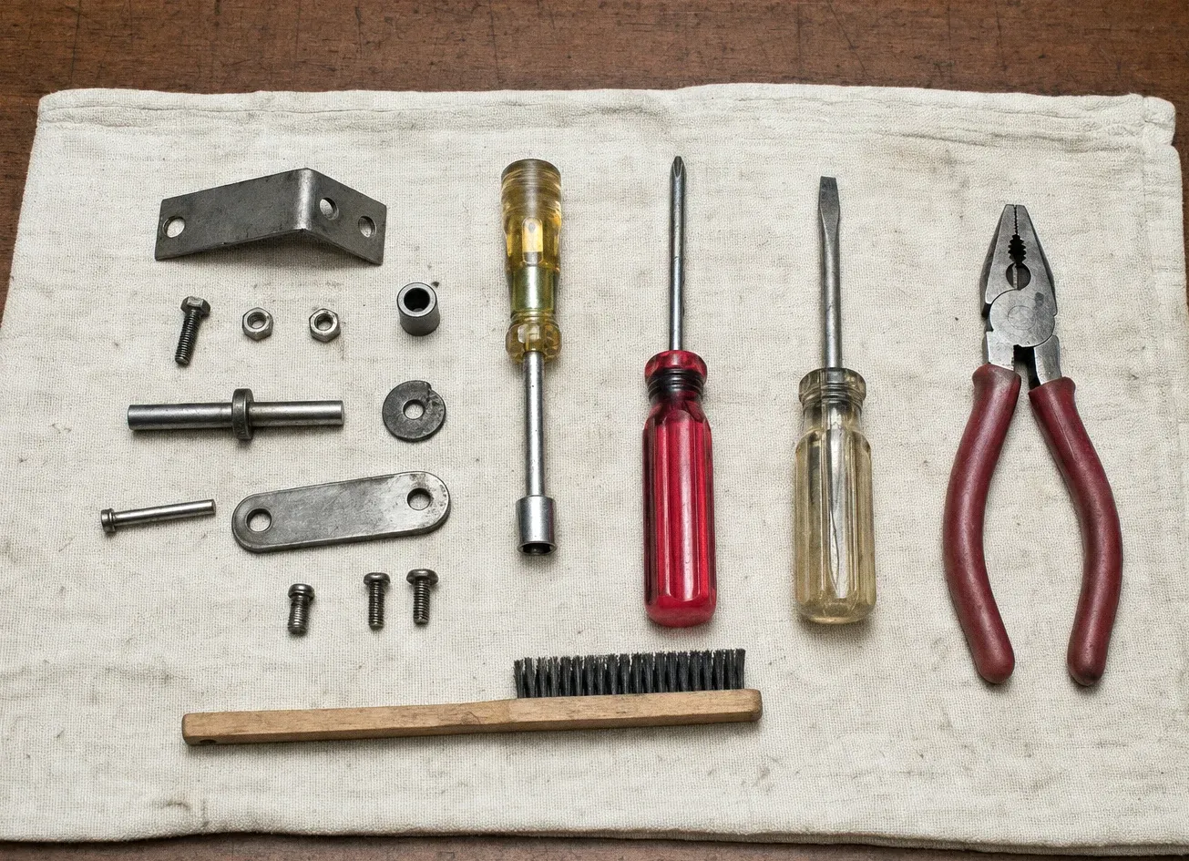 Brackets, bolts, a nut driver, red-handled screwdrivers, pliers and a wire brush laid out on a burlap cloth