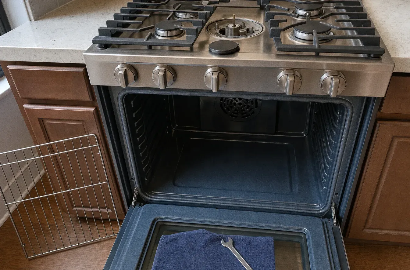 A gas range in dark cabinetry with the oven door open and a folded cloth laid inside the cavity